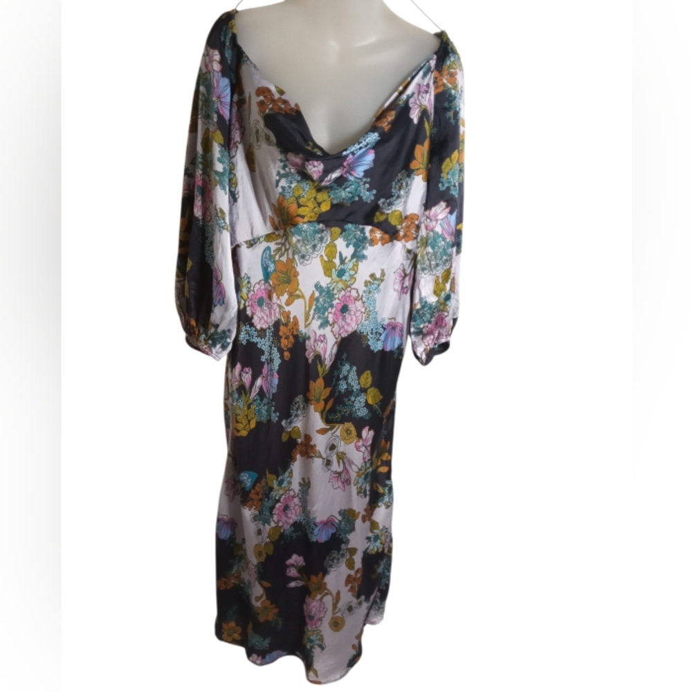 Anthropologie Floral Silk Cowl Neck Puff Sleeve Tie Back Midi Dress Size XL - Picture 2 of 8